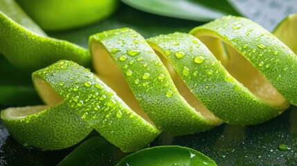 Poster - fresh green grapefruit peel spirals with glistening droplets on a reflective surface featuring ample