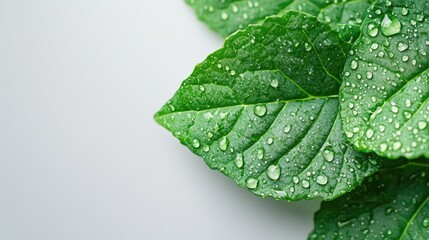 Poster - Fresh green kale leaves with water droplets on a light background ideal for healthy living and wellness concepts with space for text.
