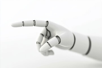 Poster - A white cyborg robotic hand, isolated against a free PNG background, is rendered in 3D and pointing its finger
