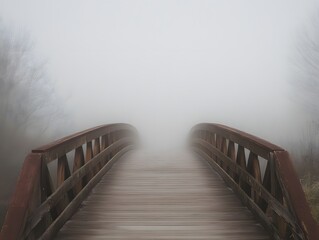Poster - A Serene Wooden Bridge Disappearing into a Thick Layer of Fog in a Mystical Landscape Evoking a Sense of Calm and Tranquility in Nature's Embrace