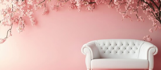 Poster - 3d illustration of a modern white and pink sofa with floral background and empty space for text idea