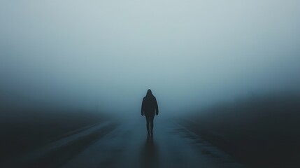 Poster - A solitary figure walks down a deserted road shrouded in thick fog, evoking a sense of mystery and introspection in a tranquil yet eerie landscape.