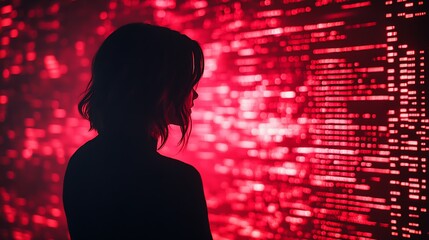 Poster - Silhouette of Woman Viewing Futuristic Digital Data Display in Cyber Technology Setting : Generative AI