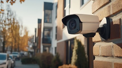 Aufkleber - Outdoor surveillance security camera on urban brick wall day : Generative AI