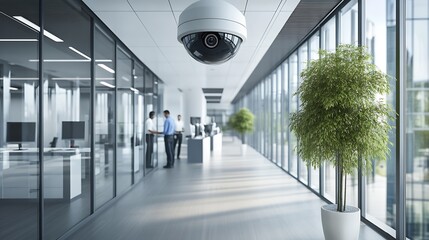 Poster - Modern Office Interior with Security Surveillance Camera Overlooking Glass Corridor and Green Plants : Generative AI