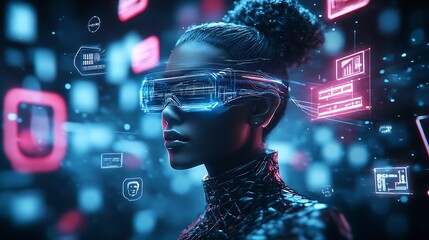 Aufkleber - Futuristic Woman in Cyberpunk Augmented Reality Glasses and Digital HUD Interface : Generative AI