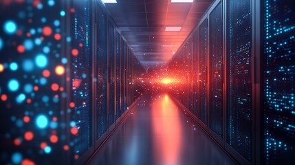 Aufkleber - Futuristic Data Center With Vibrant Red and Blue Digital Lights : Generative AI