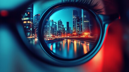 Aufkleber - Reflective Eyeglasses Featuring Modern Cityscape in Vivid Colors at Night : Generative AI