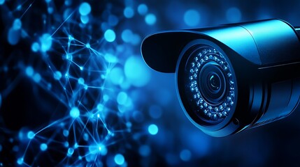 Aufkleber - High-tech surveillance camera in a networked digital environment with blue background : Generative AI