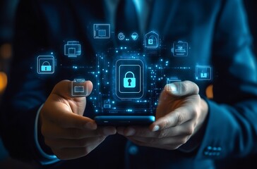 Aufkleber - Cybersecurity Concepts with Digital Lock Icons and Mobile Phone Usage : Generative AI