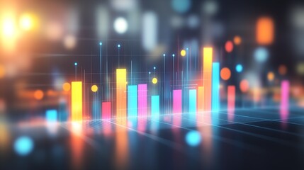 Fototapete - Colorful digital bar chart with glowing data points and bokeh background : Generative AI