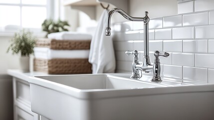 Poster - Elegant modern kitchen with white sink and chrome faucet in well-lit interior : Generative AI