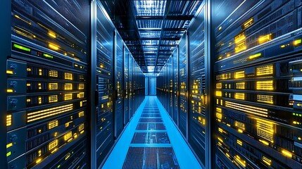 Poster - Modern Data Center Interior Featuring Advanced Server Racks and Efficient Cooling Systems : Generative AI