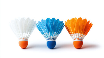 Wall Mural - Set of three badminton balls of different colors, blue, orange and white isolated on white background. sport or game shuttlecock equipment, feather object for professional exercise, tournament.