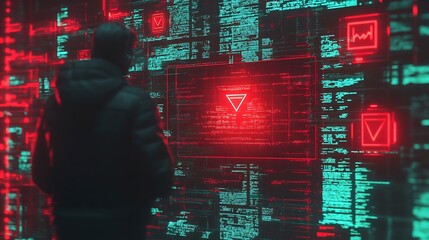Aufkleber - Silhouette of a Man Observing Secure Digital Display of Red Security Panels in a High-Tech Environment : Generative AI