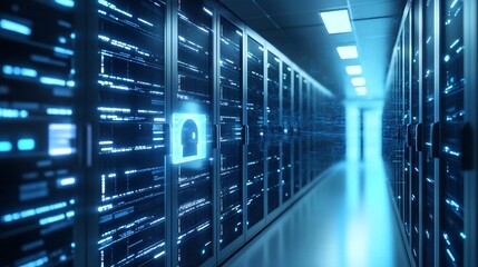 Poster - Futuristic Data Center with Cybersecurity Elements and Digital Connectivity Lock Symbol : Generative AI