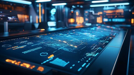 Poster - Futuristic digital map displayed on a large interactive table in a high-tech control room.