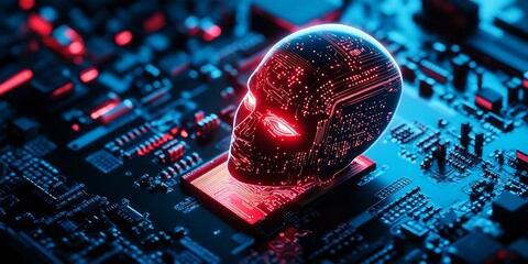 Poster - Innovative Artificial Intelligence Concept with Red Digital Face on Circuit Board : Generative AI