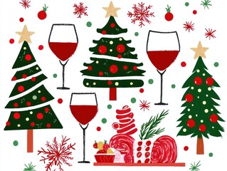 Wall Mural - Festive Christmas illustration with wine glasses, Christmas trees, and charcuterie board.