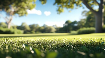 Aufkleber - Serene Green Grass Meadow with Soft Focus Trees Under Clear Blue Sky : Generative AI