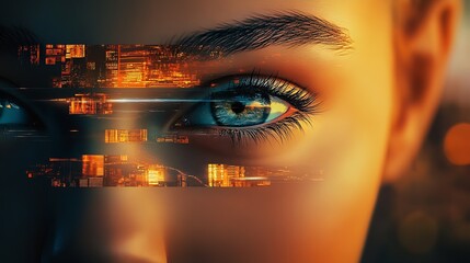 Poster - Close-up Futuristic Eyes with Digital City Reflections Express Dreamy Vision : Generative AI