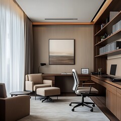 Aufkleber - Contemporary Home Office Featuring Light Neutrals and Elegant Furnishings for a Calm and Productive Environment : Generative AI