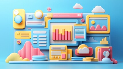 Poster - Colorful 3D illustration of website UI elements, data charts, and cloud computing icons.