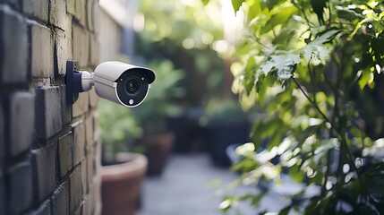 Aufkleber - Wall Mounted Security Camera Overlooking Verdant Garden for Home Safety Assurance : Generative AI