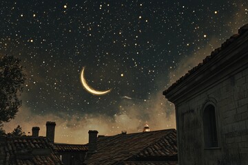 Wall Mural - Starlit Nightscape with a Glowing Crescent Moon Above a Dreamy Sky