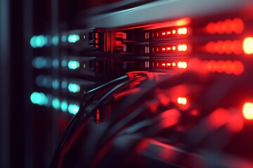 Poster - Modern Server Infrastructure with LED Lights and Network Cables : Generative AI