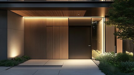 Poster - Contemporary Wooden Front Entrance with Stylish Lighting and Greenery : Generative AI