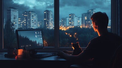 Aufkleber - Man and cat overlooking cityscape illuminated at night through window with reflections on desktop screen : Generative AI