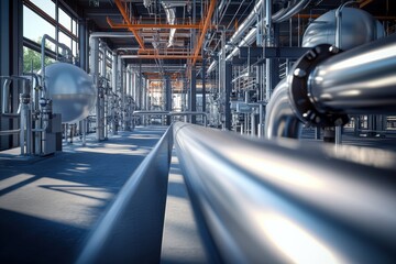 Poster - Industrial facility with extensive piping and bright interior lighting during daytime