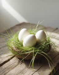 there are three eggs in a nest with grass on a table