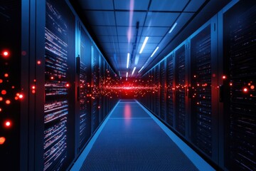 Poster - Data center corridor with illuminated servers and digital connections at night