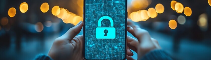 Aufkleber - Closeup of Hands Holding Smartphone with Digital Lock Symbol for Data Security Concept : Generative AI