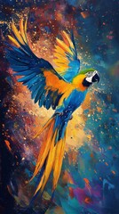 Poster - Colorful macaw flying against a vibrant abstract background with splashes of color