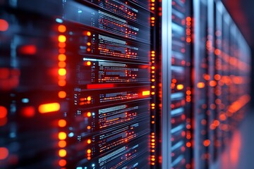 Poster - Advanced Server Infrastructure in Data Center With Dazzling Red Illumination for Optimal Technology Performance : Generative AI