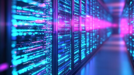 Poster - Neon Digital Corridor in Server Center with Advanced Data Light Display : Generative AI