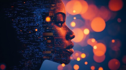Aufkleber - Futuristic AI Concept with Circuitry and Digital Elements in Profile Silhouette : Generative AI