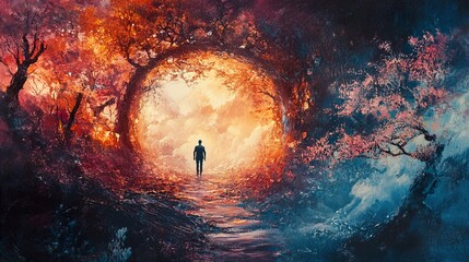 Canvas Print - A Man Walks into the Light: Surreal Forest Journey