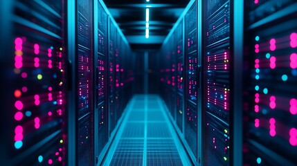 Poster - Modern Data Center Corridor with Servers and Blue Pink LED Lights : Generative AI