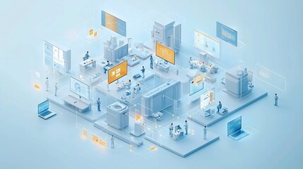 Poster - Isometric illustration of a connected digital workplace with people collaborating and data flowing.