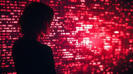 Aufkleber - Silhouette of Individual Before Vibrant Red Cyberspace Light Display : Generative AI