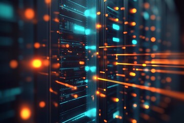Poster - High-Tech Server Infrastructure with Illuminated Data Pathways in Blue and Orange : Generative AI