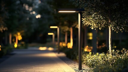 Poster - Illuminated Park Pathway with Modern Street Lights in Calm Urban Setting : Generative AI