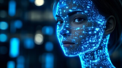 Poster - Artistic Rendering of a Female Face with Neon Cybernetic Elements : Generative AI
