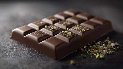 dark chocolate bar sprinkled with chopped pistachios.