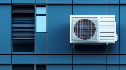 Aufkleber - Efficient Wall-Mounted Air Conditioner on Blue Tiled Building Exterior : Generative AI