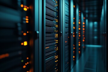 Poster - Advanced Server Racks in a Secure Data Center with Dimming Lights : Generative AI